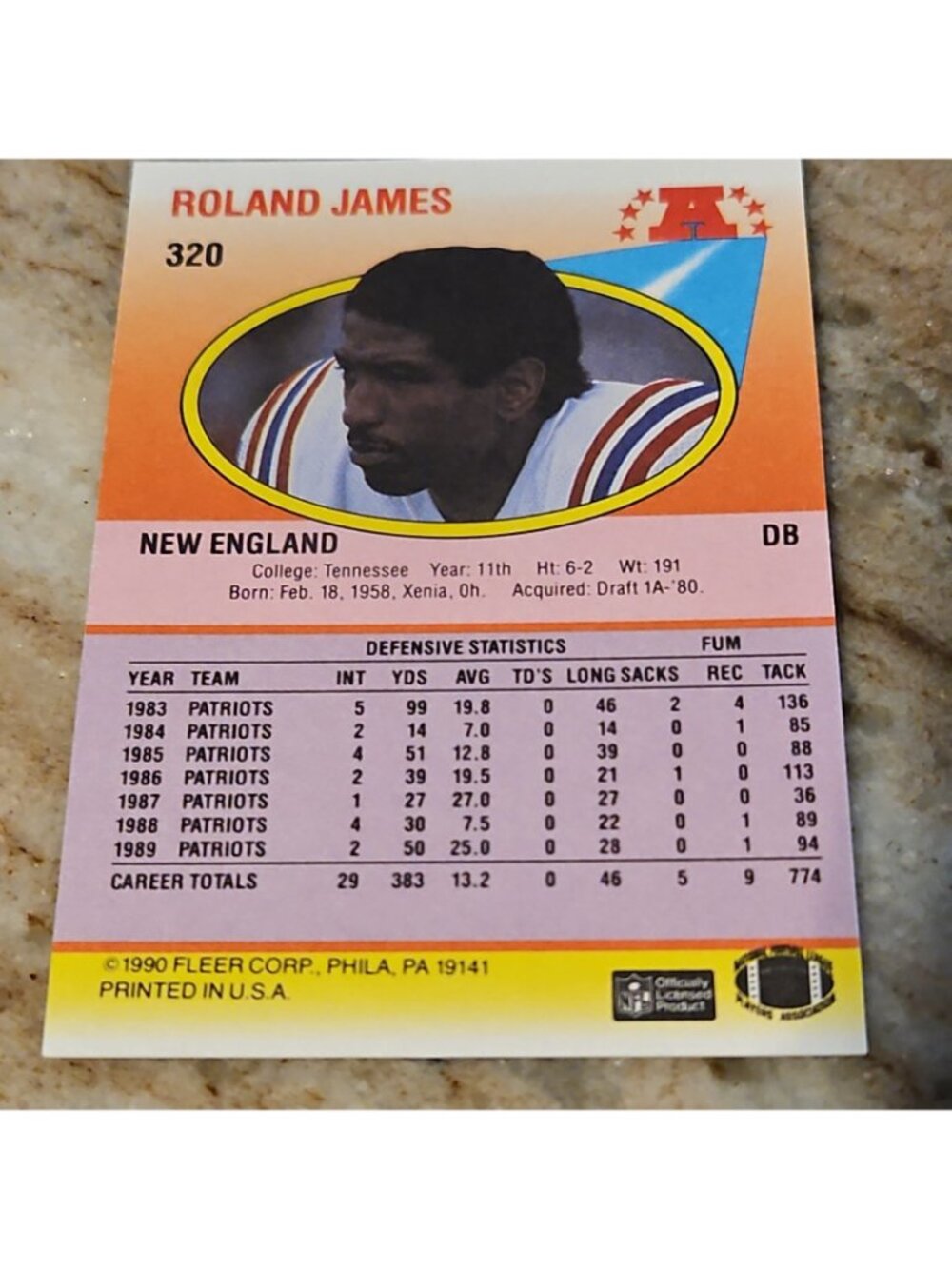 1990 Fleer - Roland James #320 - Picture 2 of 2